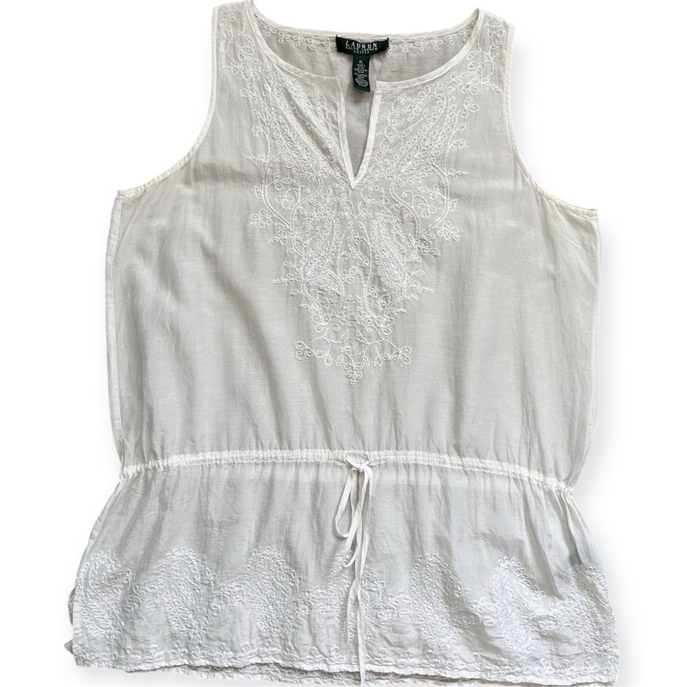 Lauren Ralph Lauren White Embroidered Cotton & Silk Blouse Women’s Petite Large